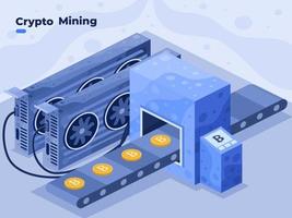 Mining-Kryptowährungsmünze mit GPU-Karte oder Computervideokartenvektorillustration. Erstellung von Bitcoin-Krypto mit Computer-Grafikkarten. isometrische Darstellung der Kryptomining-Farm. vektor