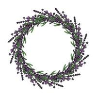 runden Blumen- Rahmen mit violett Lavendel Blumen. Jahrgang Hand gezeichnet Stil. Vektor Illustration, Vorlage, isoliert auf ein Weiß Hintergrund