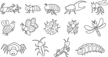 hand dragen barn teckning tecknad serie stor uppsättning av insekter, gräshoppa, myra, loppa, skalbagge, mygga, bi, fjäril, nyckelpiga, flyga, trollslända, Spindel, kackerlacka, bönsyrsa, larv vektor