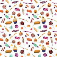 halloween sötsaker mönster. vektor bakgrund med halloween godis. många typer av läskigt desserter. isolerat på vit bakgrund. hand dragen utsökt sötsaker.