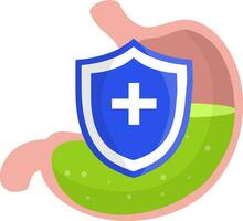 mänsklig mage. matsmältnings problem. tecknad serie platt illustration. medicinsk vård. blå skydda skydd. inre organ av kropp. bubblor i grön syra. röntgen av mage vektor