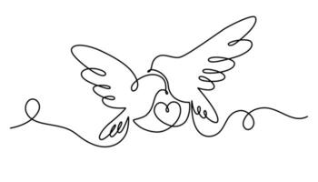 Tauben mit ein Herz einer kontinuierlich Linie Zeichnung. Vogel Symbol von Frieden, Liebe und Freiheit im einfach linear Stil. Valentinstag Tag. Vektor Gliederung Illustration zum Banner, Broschüre, Poster, Präsentation