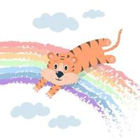 süßer tiger springt über einen regenbogen zwischen wolken. Kindergarten-Vektor-Konzept-Illustration. vektor