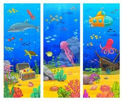 tecknad serie under vattnet landskap banderoller, undervattenskablar vektor