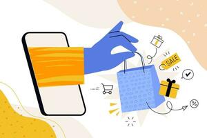 Geschäft kreativ Illustration. Vektor Konzept von E-Commerce, online Einkaufen, Handy, Mobiltelefon Geschäft. Illustration zum Netz Banner, Sozial Medien, Geschäft Präsentation, Marketing Material.