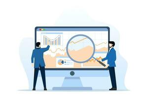 Statistiken und Daten Analyse Konzept, Geschäft Finanzen Investition mit Geschäft Mannschaft Arbeiten auf Monitor Diagramm Armaturenbrett, Daten Analytik, Armaturenbrett, eben Vektor Design auf Weiß Hintergrund.