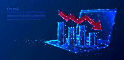 polygonal Laptop mit Wachstum Diagramme und rot Pfeil abnehmend auf dunkel Blau Technik Hintergrund, Dreiecke und Partikel Stil Design. vektor