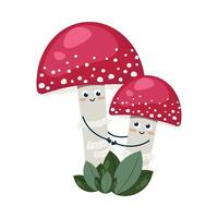 komisch fliegen Agaric mit Gesichter, Kinder- Karikatur Charakter. essbar und ungenießbar Pilze, Vektor Illustration