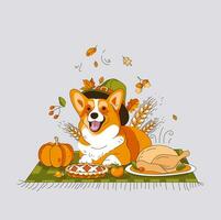 ein Corgi Hund im ein Hut ist Lügen auf ein Decke. das Erntedankfest Tag Picknick. Vektor Illustration.