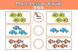 Mathematik lehrreich Spiel zum Kinder mit Karikatur Fische. Zählen Arbeitsblatt zum Vorschule und Schule Kinder Bildung. Anzahl Meer Tiere, vergleichen Sie und schreiben Nieder Zeichen wählen mehr, weniger oder gleich. Vektor. vektor