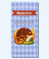 Oktoberfest Deutsche Bier Festival Vertikale Banner Vorlage Design. Design mit Tiroler Hut, Gabel mit gegrillt Wurst, Brezel, hölzern Fass, Weizen und Blätter. Licht Blau Rhombus Muster vektor