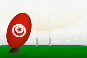 Tunesien National Mannschaft Rugby Ball auf Rugby Stadion und Tor Beiträge, vorbereiten zum ein Strafe oder kostenlos trete. vektor