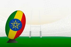 Äthiopien National Mannschaft Rugby Ball auf Rugby Stadion und Tor Beiträge, vorbereiten zum ein Strafe oder kostenlos trete. vektor