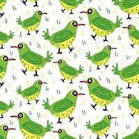 en mönster med en tecknad serie xantus och gräs på en vit bakgrund. en små grön och gul fågel i en tecknad serie stil. sömlös mönster för utskrift på textilier och papper. barns ämnen vektor