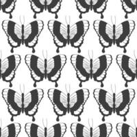 sömlös mönster med svart silhuetter av fjärilar isolerat på en vit bakgrund. enkel svartvit abstrakt översikt design vektor