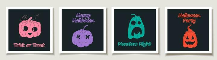 uppsättning av halloween kort med uppsättning av fyra halloween pumpor, rolig ansikten. hälsning kort med magi föremål. vektor