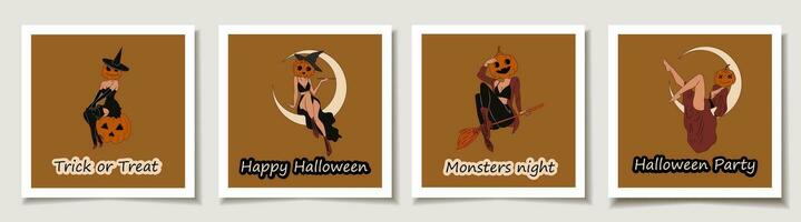 uppsättning av halloween kort med uppsättning av fyra häxor i halloween kostym hälsning kort med magi föremål. vektor