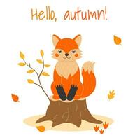 a4 Poster mit süß Fuchs und Herbst Blätter im Karikatur Stil. Wald Tiere und Pflanzen. Hallo, Herbst. vektor