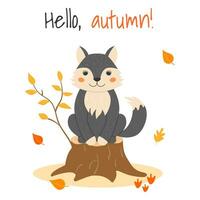 Vektor Illustration mit ein süß Wolf auf ein Stumpf und Herbst Blätter im Karikatur Stil. Wald Tiere und Pflanzen. Hallo, Herbst.