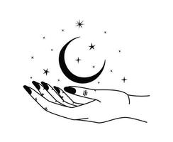 minimalistisk tatuering av ena handen som håller en måne med stjärnor vektor
