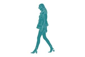 vektorillustration av avslappnad kvinna som går på gatan, platt stil med konturer vektor