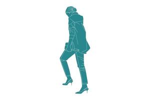 Vektor-Illustration einer zufälligen Frau, die auf der Nebenstraße geht, flacher Stil mit Umriss vektor