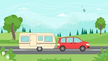Reisezeit, Roadtrip-Konzept. Reisen mit dem Auto mit Wohnwagen in den Bergen. Frühlings- oder Sommerlandschaft. Vektorillustration im flachen Stil vektor