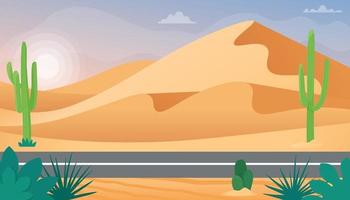 Wüstenlandschaft mit Sanddünen und Kakteen. Vektorillustration im flachen Stil vektor