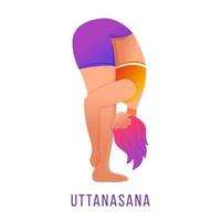 uttanasana platt vektorillustration. stående framåtböj. caucausian kvinna gör yoga i orange och lila sportkläder. träna. motion. isolerad seriefigur på vit bakgrund vektor