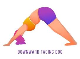 nedåtvänd hund poserar platt vektorillustration. adho mukha shvanasana. caucausian kvinna gör yoga i orange och lila sportkläder. träning, kondition. isolerad seriefigur på vit bakgrund vektor