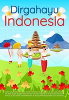 Dirgahayu Indonesien Broschürenvorlage. balinesische Kulturreise. Flyer, Broschüre, Broschürenkonzept mit flachen Illustrationen. Vektorseiten-Cartoon-Layout für das Magazin. Werbeeinladung mit Textraum vektor