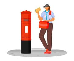 Post Arbeitnehmerin flache Farbe Vector Illustration. Frau mit Paketen. Post-Service-Lieferung. Frau in Postuniform und mit Tasche isolierte Zeichentrickfigur auf weißem Hintergrund