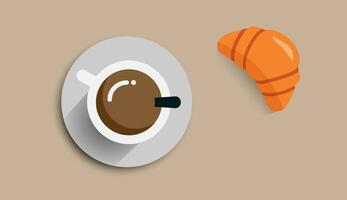 Tasse von Kaffee trinken mit Croissant. Kapuziner, Becher mit realistisch Schatten. Aussicht von über. Frühstück Konzept. Arbeitsplatz Symbol. eben Stil. vektor