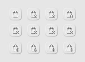 handla väska ikon uppsättning i neumorphism stil. ikoner för företag, vit användare gränssnitt. ui, ux. uppkopplad handla symbol. uppkopplad affär, Lägg till till favorit, korg, ordning. neomorf stil. vektor