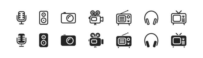 audio och video ikon uppsättning i retro stil. mikrofon, högtalare, hörlurar, kamera, radio, videokamera, TV tecken. multimedia symboler. vektor