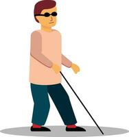 blind person gående platt stil vektor illustration, blind person med en rörlighet käppar och nyanser stock vektor bild