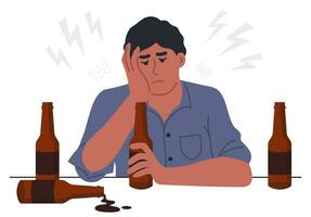 Alkoholismus Konzept. Mann mit Bier Flaschen. Vektor Illustration im eben Stil
