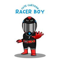 söt tecknad serie racer pojke bär hjälm och tävlings kostym vektor illustration.