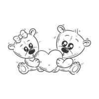zwei süß Bären Sitzung Tragen ein Herz Karikatur Vektor zum Färbung