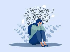 Frau leidet von obsessiv Gedanken Kopfschmerzen ungelöst Probleme psychologisch Trauma Depression. mental Stress Panik Verstand Störung Illustration eben Vektor Illustration.