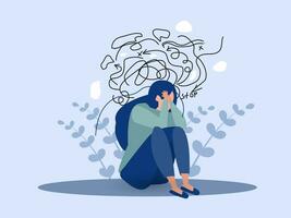 kvinna lider från obsessiv tankar huvudvärk olöst frågor psykologisk trauma depression. mental påfrestning panik sinne oordning illustration platt vektor illustration.
