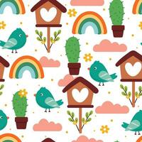 nahtlos Muster Karikatur süß Vogel mit Anlage, Vogel Haus, Regenbogen, hell Himmel im Gelb Hintergrund. süß Hintergrund zum Textil, Geschenk wickeln Papier vektor