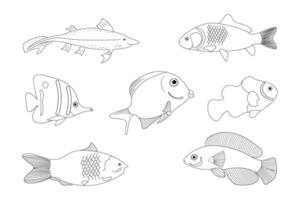 fisk översikt uppsättning av 7 minimal fisk ikoner som visar vatten- djur med olika fenor, vågar, svansar och gälar simning i vatten, som en skelett svart och vit. vektor