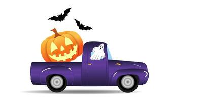 glücklich Halloween LKW mit Jack Ö Laterne Kürbis Laterne im das zurück, Fledermäuse, Geist Fahren auf Weiß Hintergrund. breit Vektor Banner zum Postkarten, Flyer, Flugblätter, Party Einladungen