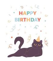 Lycklig födelsedag hälsning kort med söt katt i fest hatt. fest, firande, konfetti. vektor