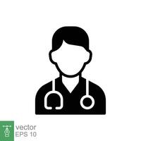 manlig läkare ikon. enkel fast stil. läkare med stetoskop, man, läkare, sjukvård, medicinsk begrepp. svart silhuett, glyf symbol. vektor illustration isolerat på vit bakgrund. eps 10.