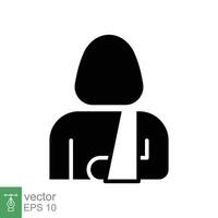 verletzt Frau im Binde Symbol. einfach solide Stil. gebrochen Arm, geduldig, Person, weiblich, medizinisch Konzept. schwarz Silhouette, Glyphe Symbol. Vektor Illustration isoliert auf Weiß Hintergrund. eps 10.