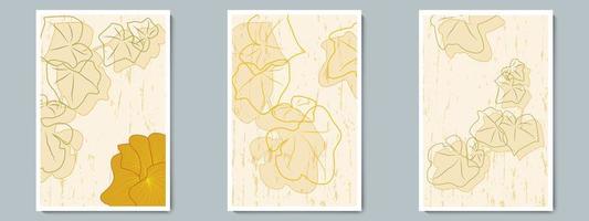 botanisk väggkonst vektor affisch en clor uppsättning. minimalistisk gren med guldblommaskugga, kontur och texturbakgrund