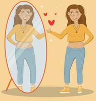 Liebe du selbst, Betrachtung im das Spiegel, bewundern Ihre Betrachtung, Teenager im ein Gelb lange Ärmel und Jeans vektor