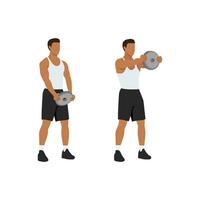 Mann tun Stehen Vorderseite Schulter Teller erhöht Übung. eben Vektor Illustration isoliert auf Weiß Hintergrund. trainieren Charakter einstellen